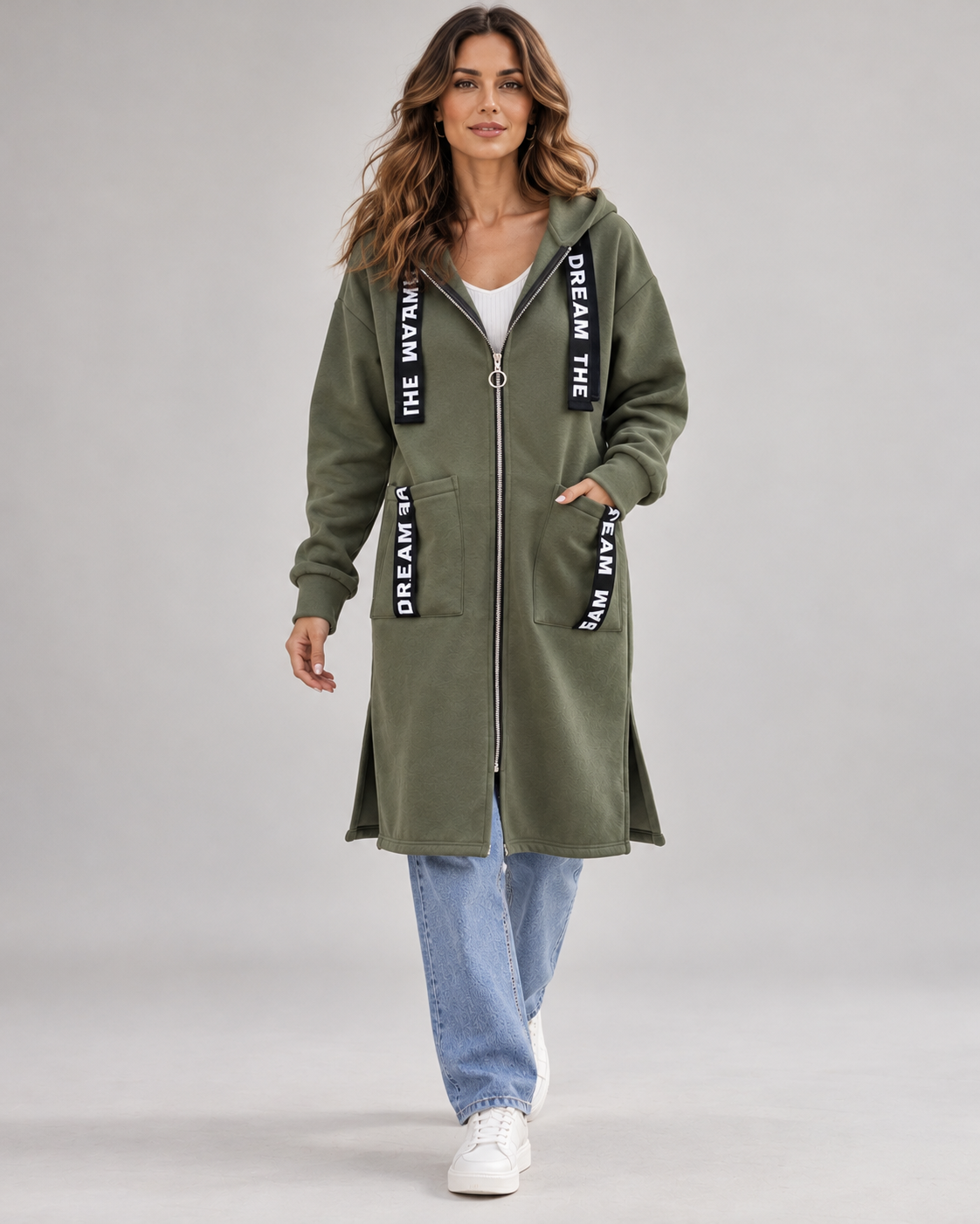 Abrigo sudadera largo con capucha verde cerrado