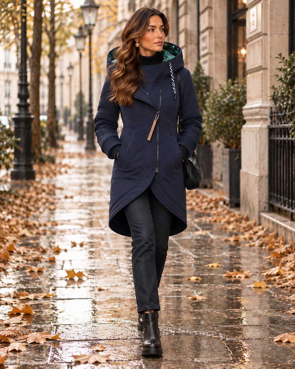 Chaqueta larga Verona Livia azul noche con capucha y cuello alto