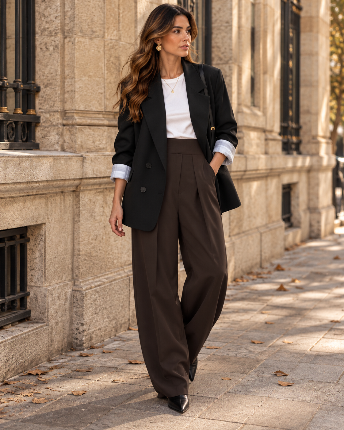 Pantalón de pinzas Ambra marrón chocolate con americana negra