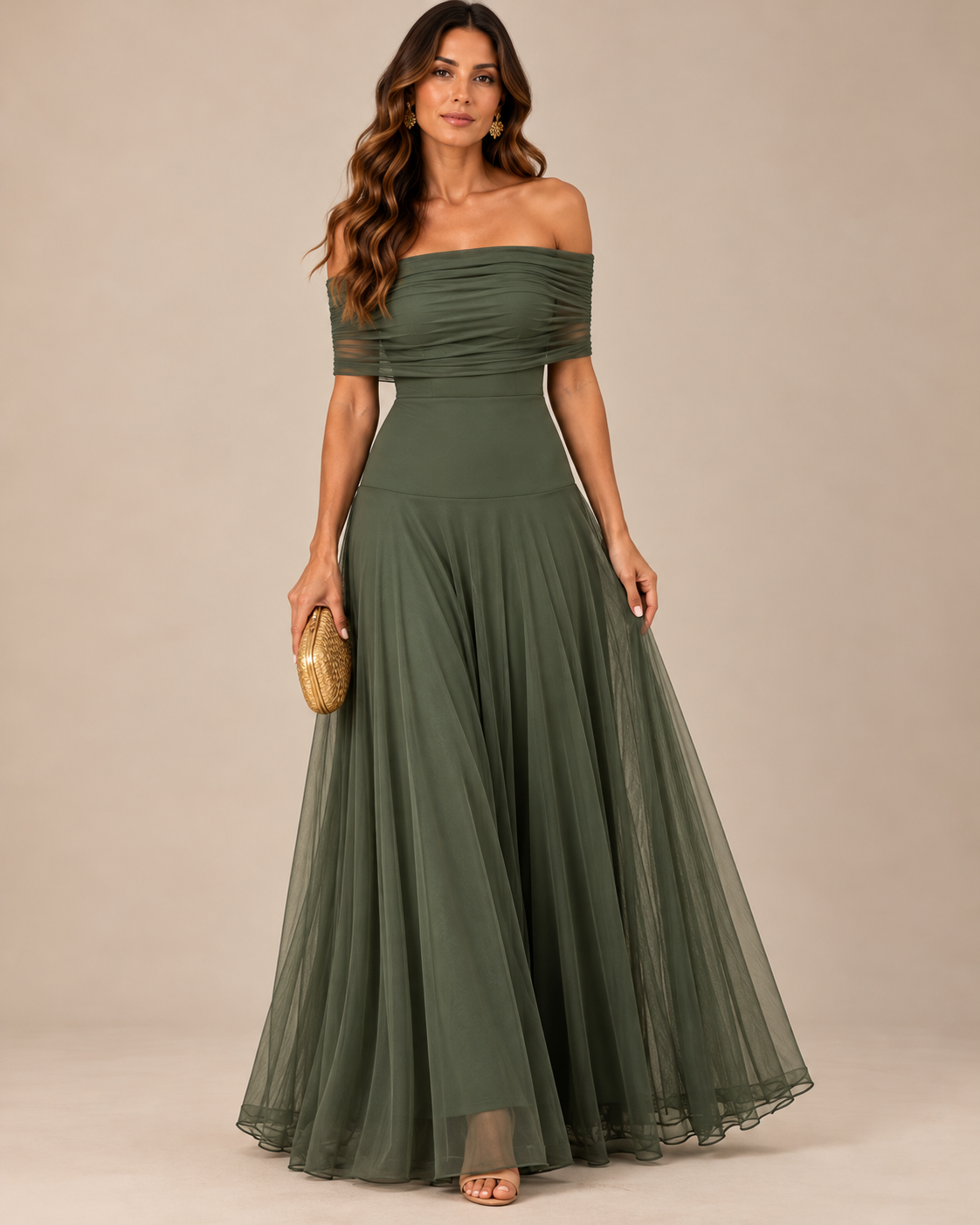 Vestido largo de tul verde militar palabra de honor Alba Verona Ottavia