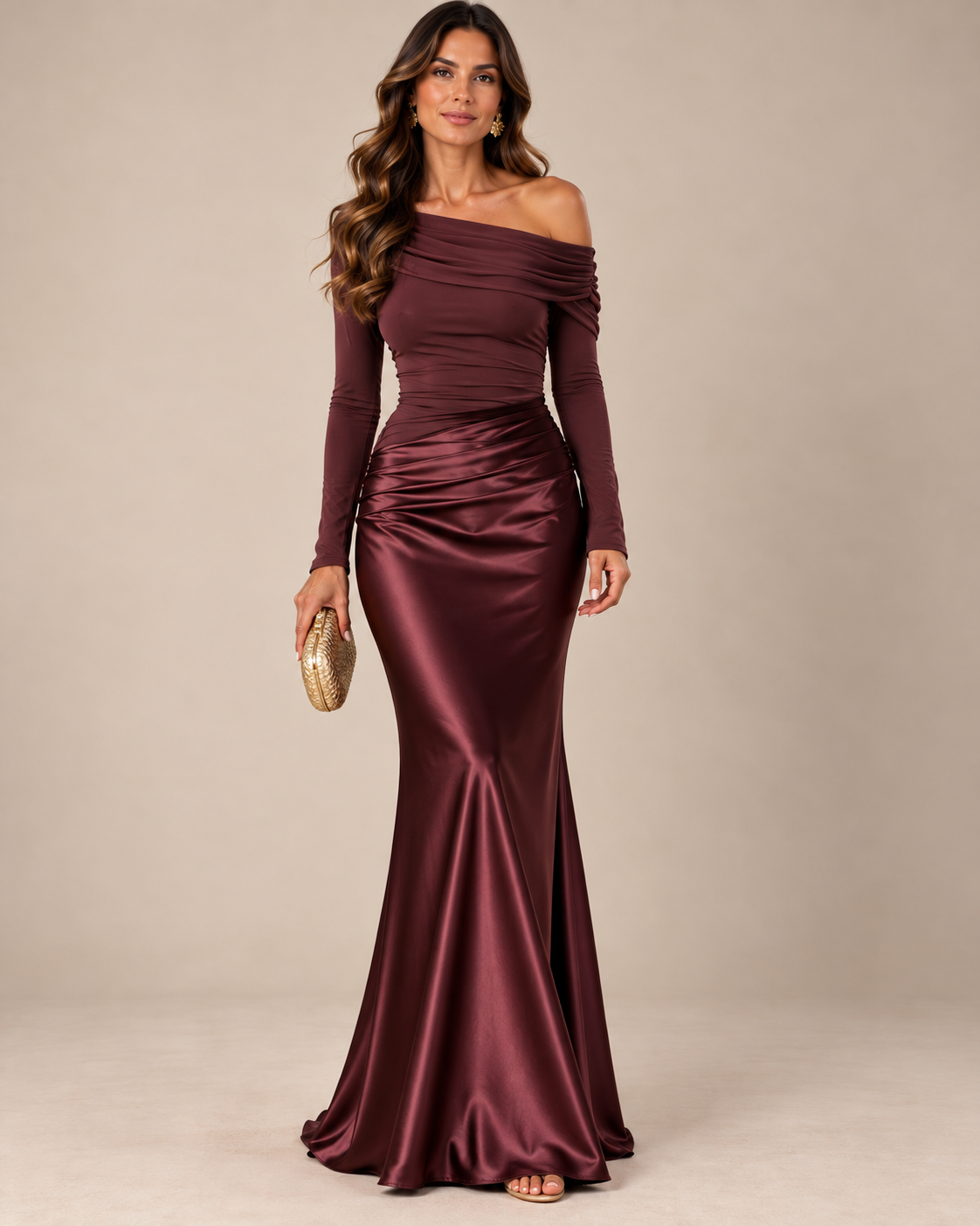 Vestido largo burdeos de punto y satén sirena Alba Verona Selene