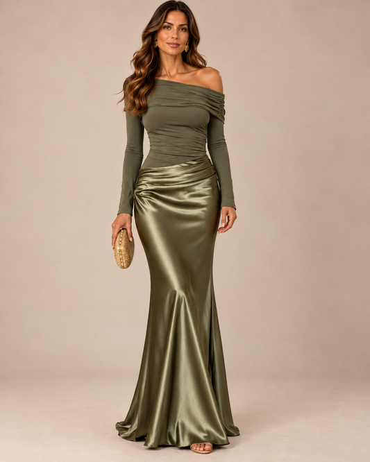 Vestido verde oliva escote asimétrico y falda de satén, vista de frente
