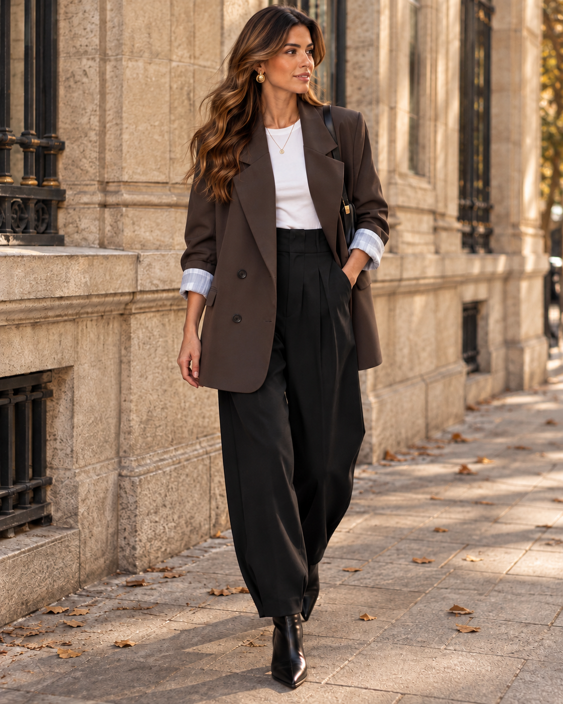 Pantalón de pinzas Ambra negro de tiro alto con americana marrón